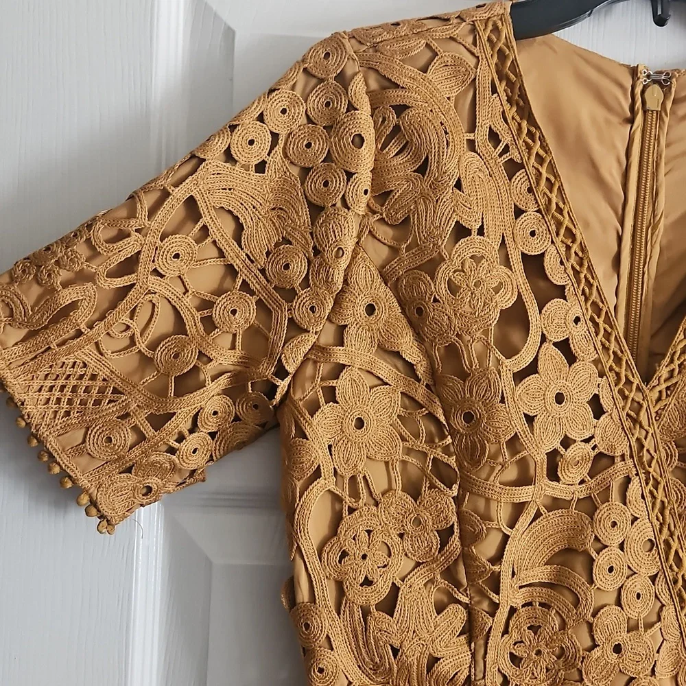 Adelyn Rae Lace V-neck Short Sleeve Sheath Mini Dress: Color- Mustard - Picture 5 of 11